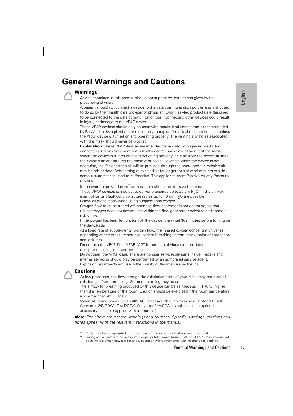 General warnings and cautions, Warnings, Cautions | ResMed Positive Airway Pressure Device VPAP IV User Manual | Page 20 / 23