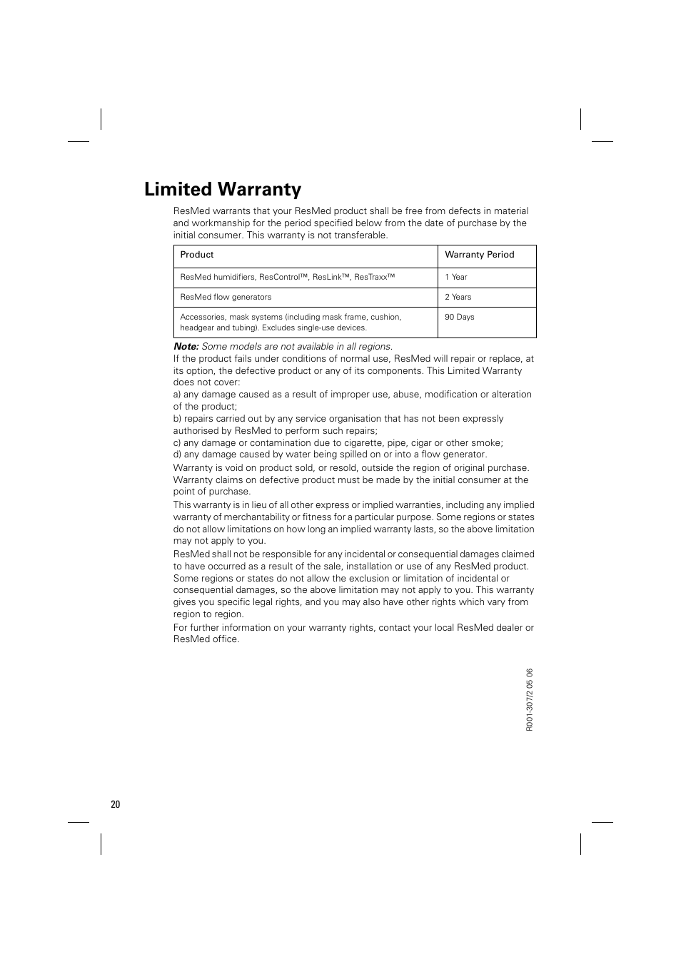 Limited warranty | ResMed Positive Airway Pressure Device VPAP IV User Manual | Page 23 / 23