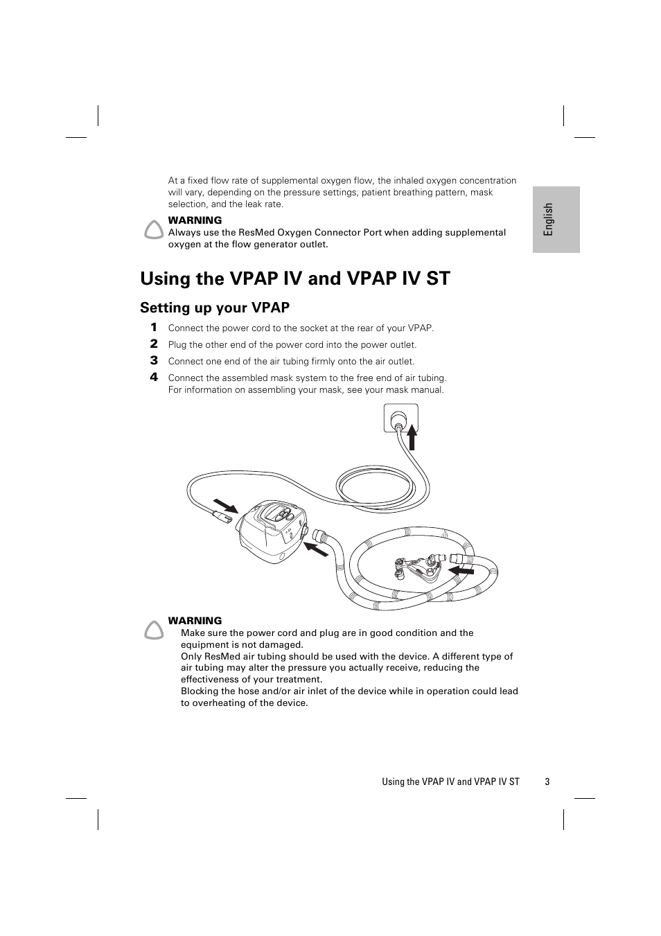 Using the vpap iv and vpap iv st, Setting up your vpap, Iv and vpap iv st | Using the vpap | ResMed Positive Airway Pressure Device VPAP IV User Manual | Page 6 / 23