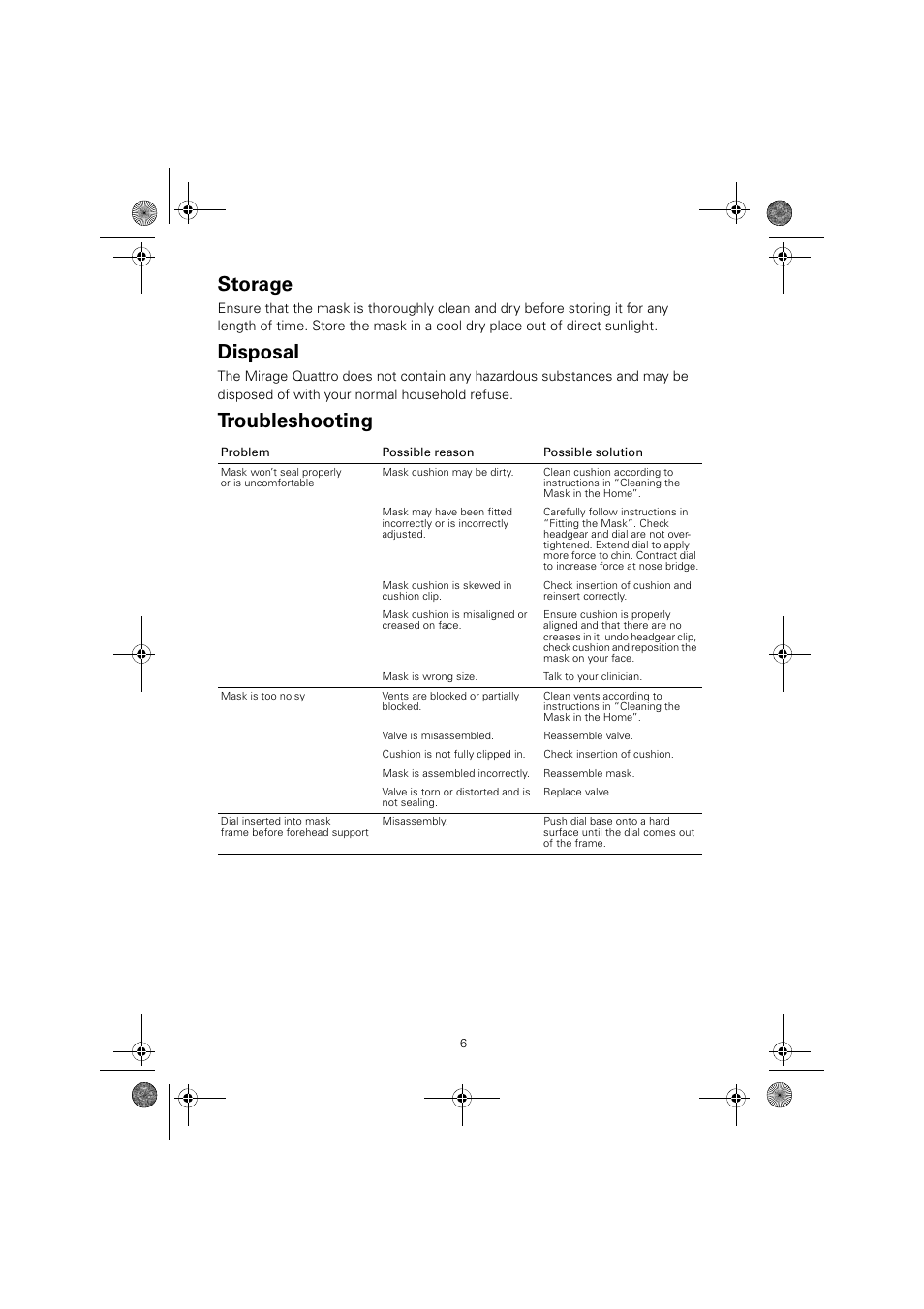 Storage, Disposal, Troubleshooting | ResMed Full Face Mask Mirage Quattro User Manual | Page 10 / 14