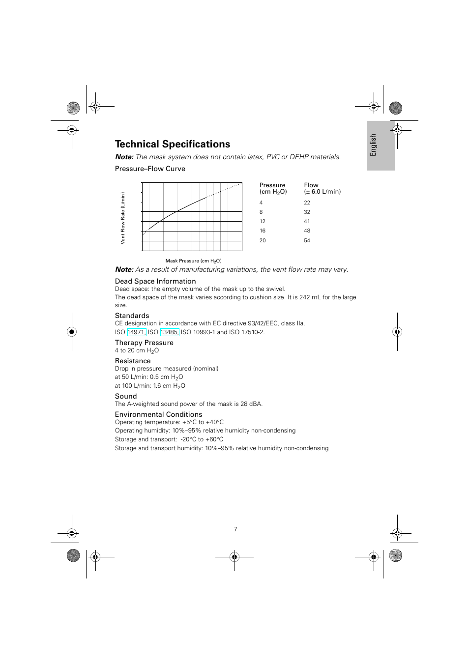 Technical specifications, Eng lish, Standards | Therapy pressure, Resistance, Sound, Environmental conditions | ResMed Full Face Mask Mirage Quattro User Manual | Page 11 / 14