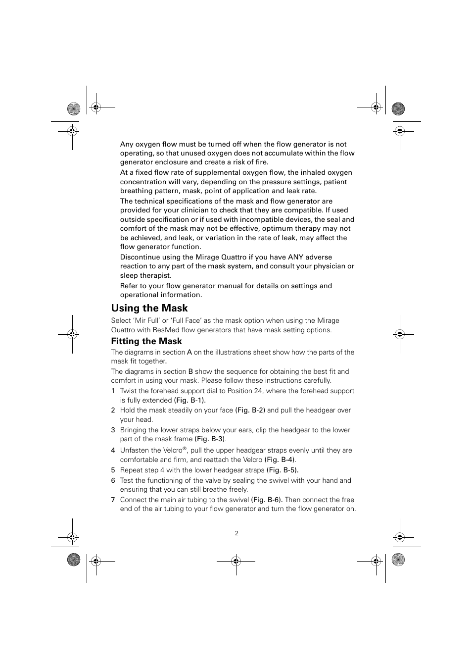 Using the mask, Fitting the mask | ResMed Full Face Mask Mirage Quattro User Manual | Page 6 / 14