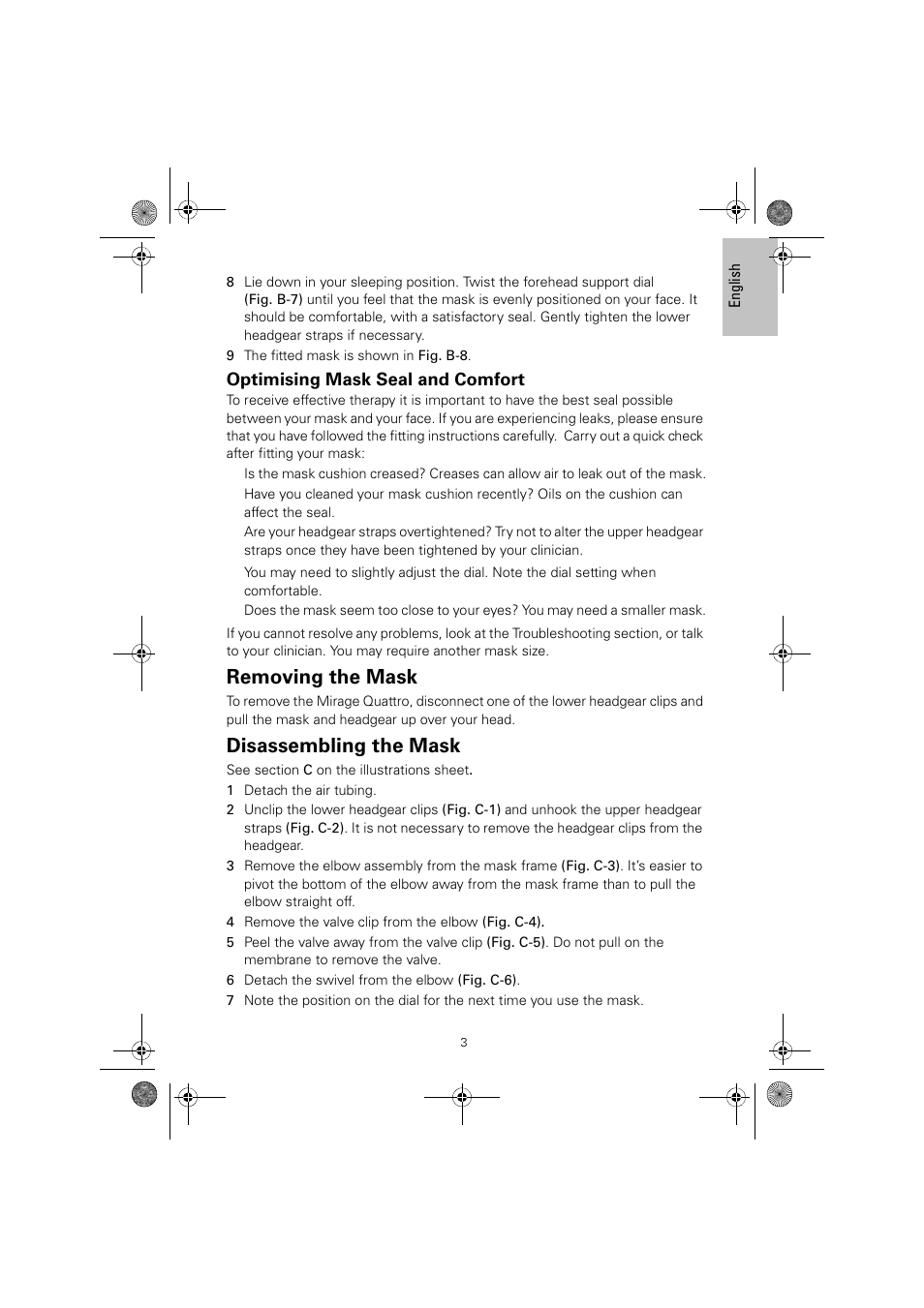 Removing the mask, Disassembling the mask, Optimising mask seal and comfort | ResMed Full Face Mask Mirage Quattro User Manual | Page 7 / 14