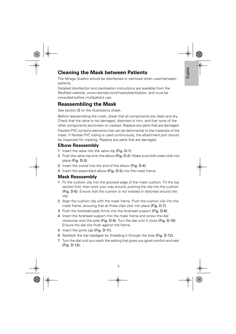 Cleaning the mask between patients, Reassembling the mask | ResMed Full Face Mask Mirage Quattro User Manual | Page 9 / 14