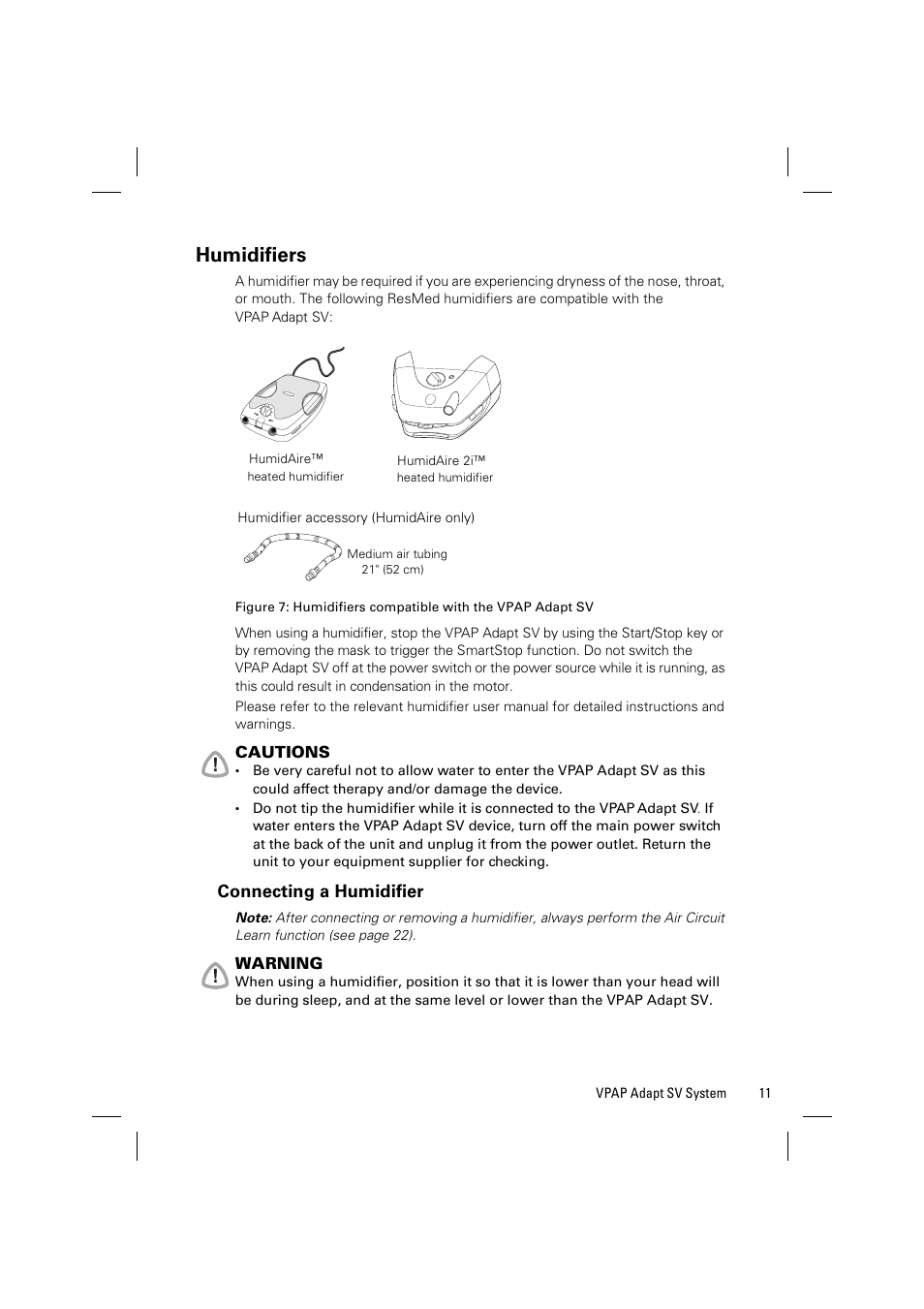 Humidifiers, Connecting a humidifier | ResMed VPAP Adapt SV System User Manual | Page 17 / 56
