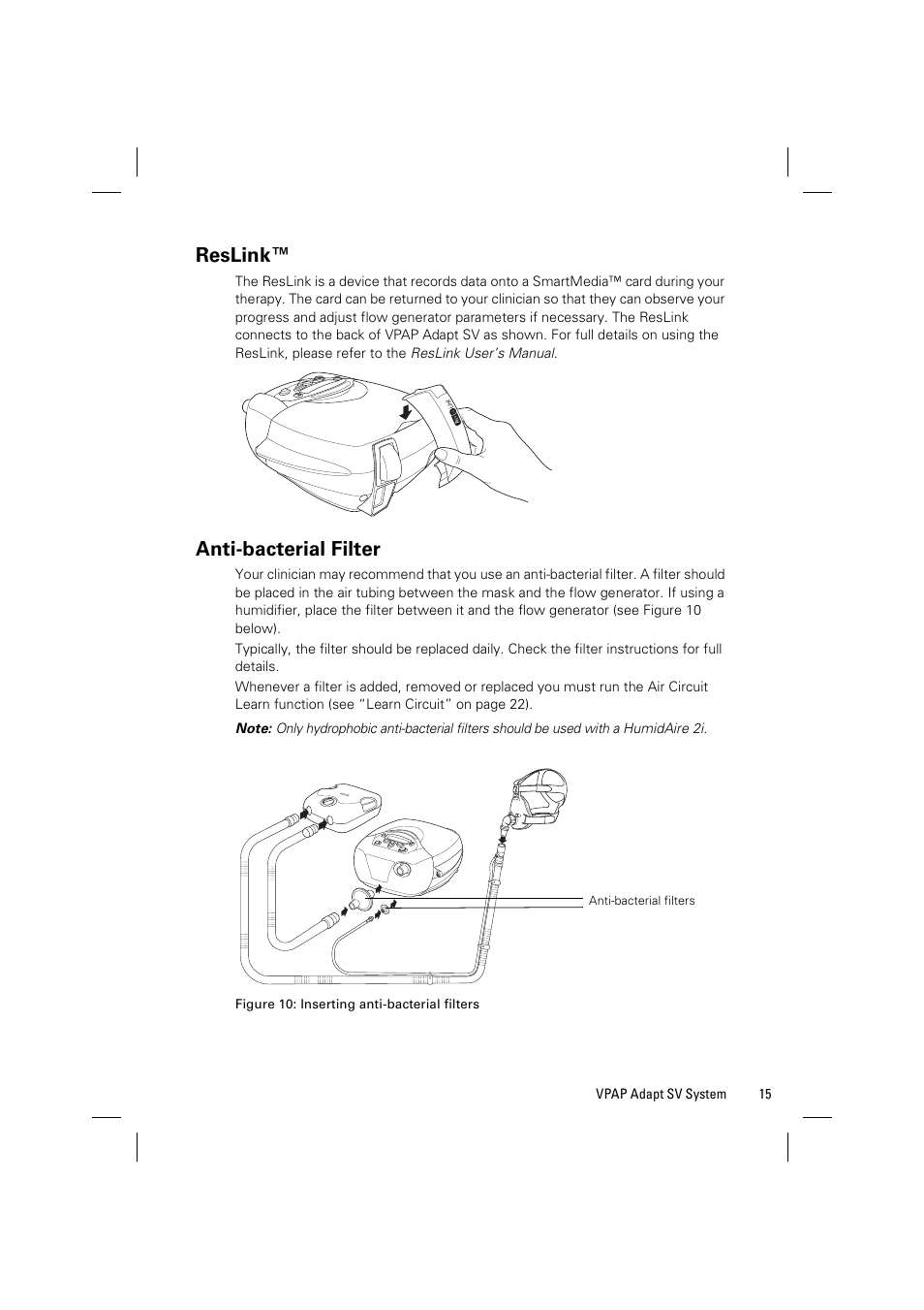 Reslink, Anti-bacterial filter | ResMed VPAP Adapt SV System User Manual | Page 21 / 56