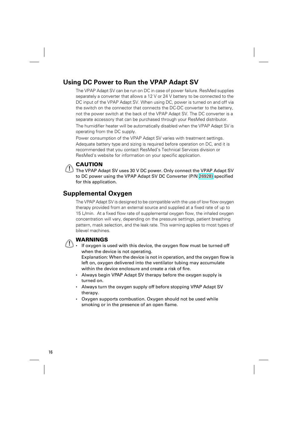 Using dc power to run the vpap adapt sv, Supplemental oxygen | ResMed VPAP Adapt SV System User Manual | Page 22 / 56