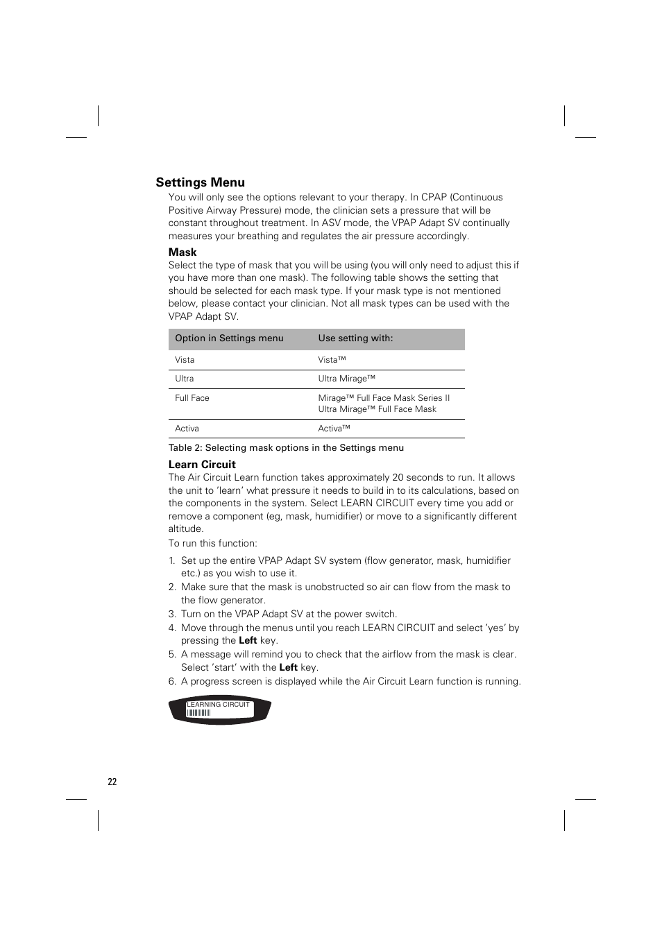 Settings menu | ResMed VPAP Adapt SV System User Manual | Page 28 / 56