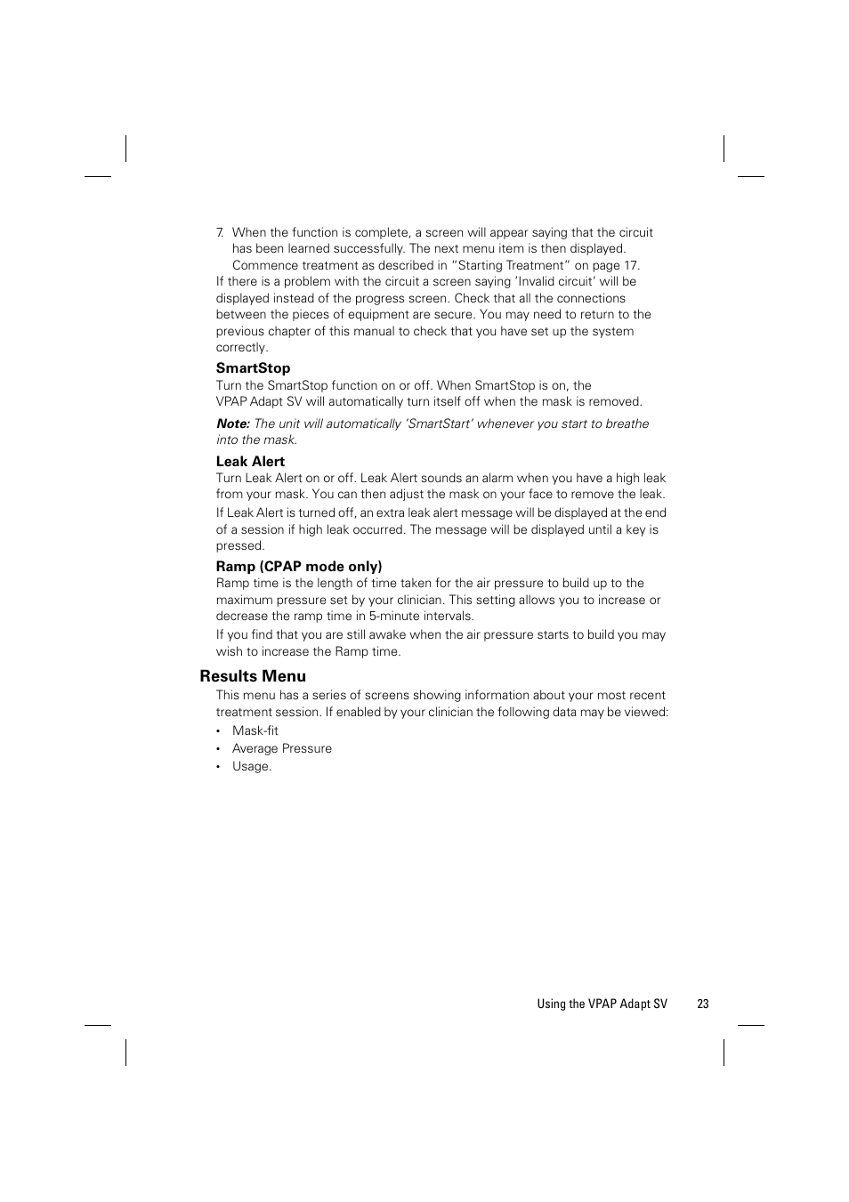 Results menu | ResMed VPAP Adapt SV System User Manual | Page 29 / 56