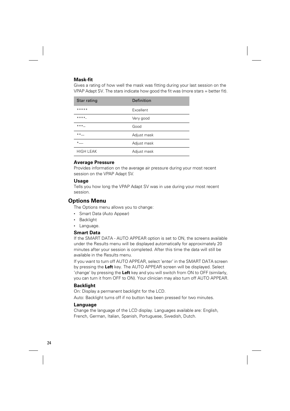 Options menu | ResMed VPAP Adapt SV System User Manual | Page 30 / 56