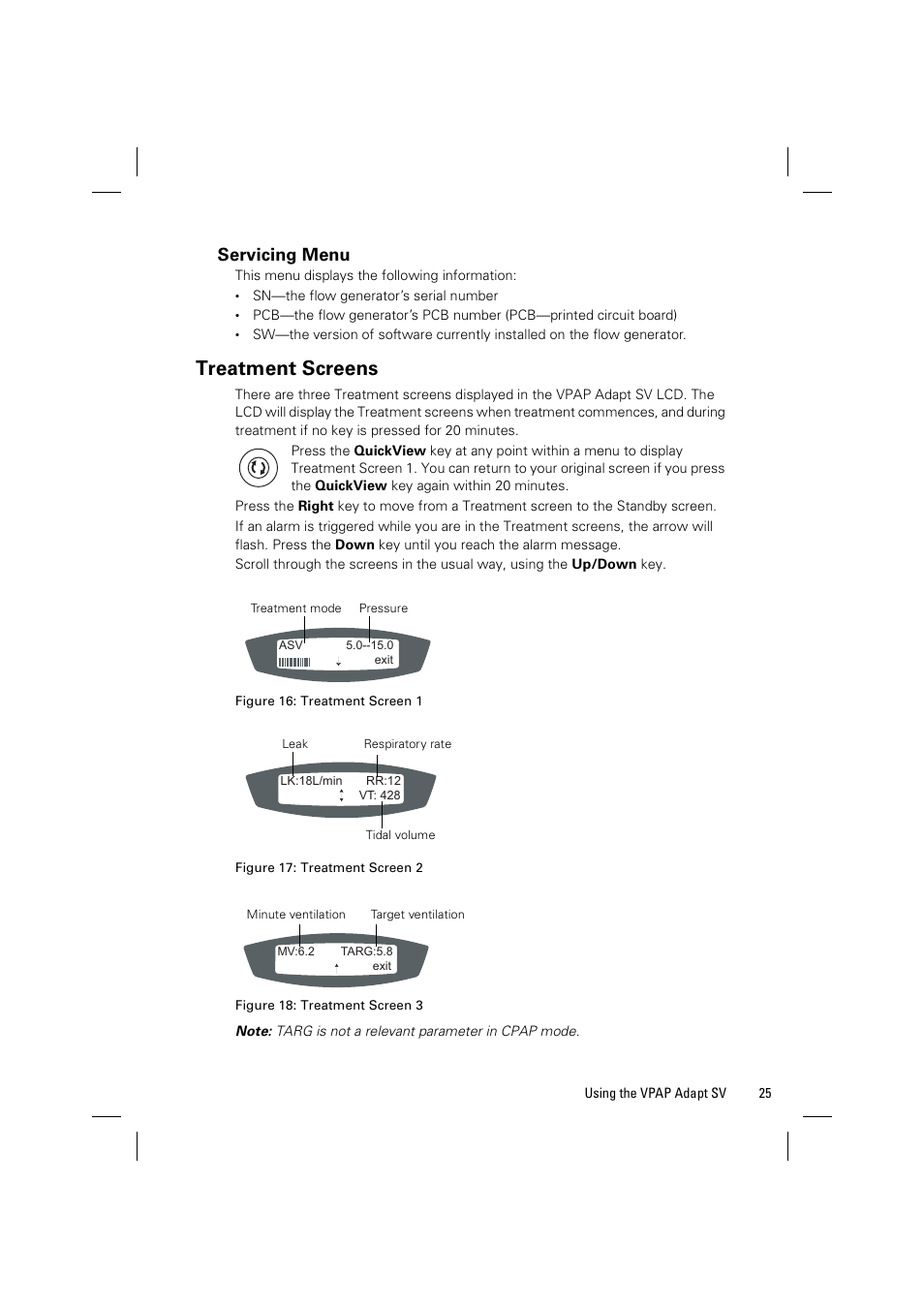 Treatment screens, Servicing menu | ResMed VPAP Adapt SV System User Manual | Page 31 / 56