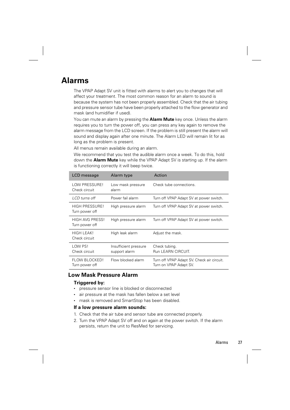 Alarms, Low mask pressure alarm | ResMed VPAP Adapt SV System User Manual | Page 33 / 56