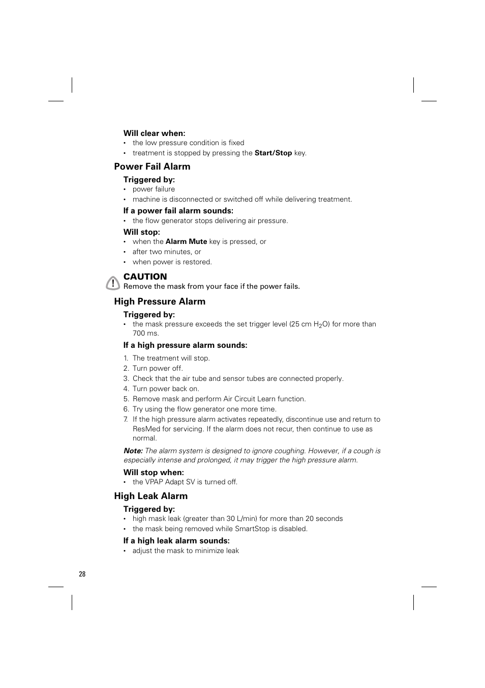 Power fail alarm, High pressure alarm, High leak alarm | ResMed VPAP Adapt SV System User Manual | Page 34 / 56