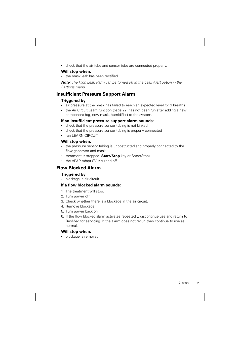 Insufficient pressure support alarm, Flow blocked alarm | ResMed VPAP Adapt SV System User Manual | Page 35 / 56