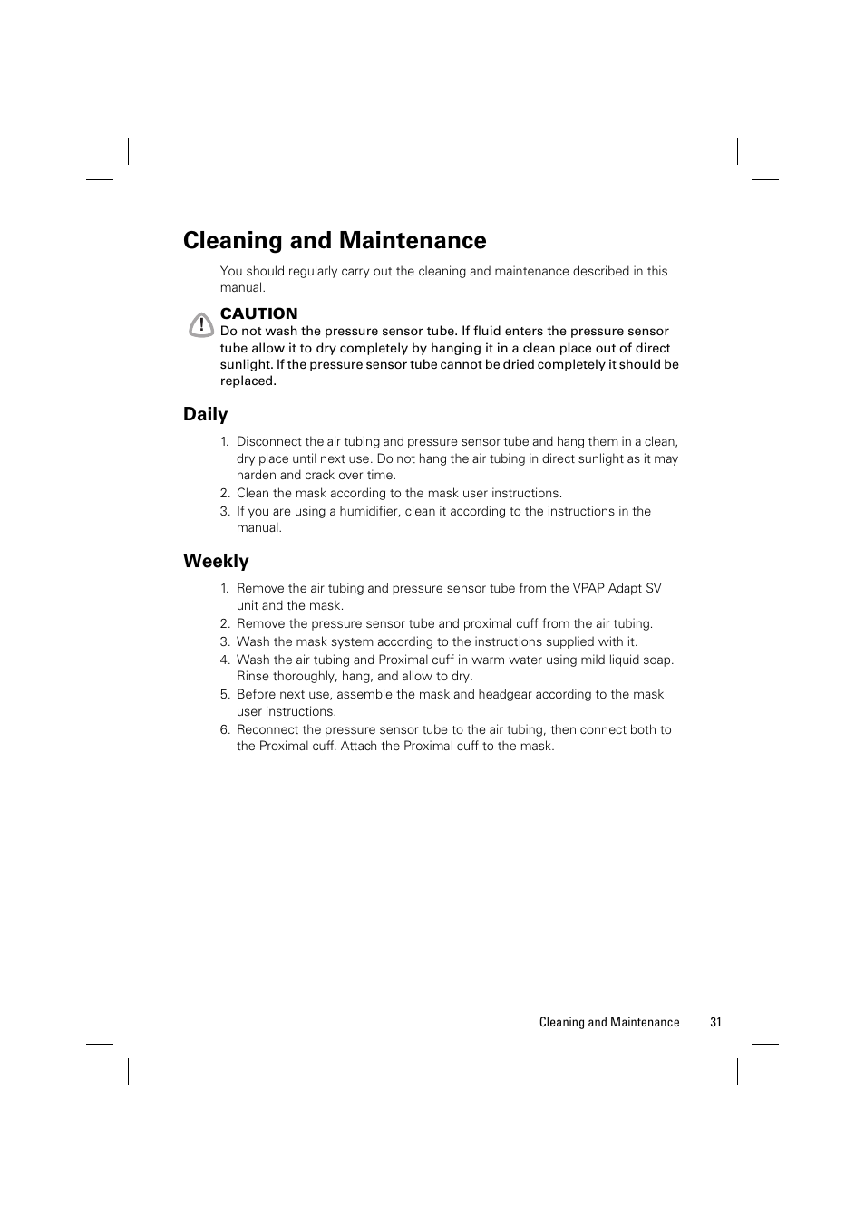 Cleaning and maintenance, Daily, Weekly | ResMed VPAP Adapt SV System User Manual | Page 37 / 56