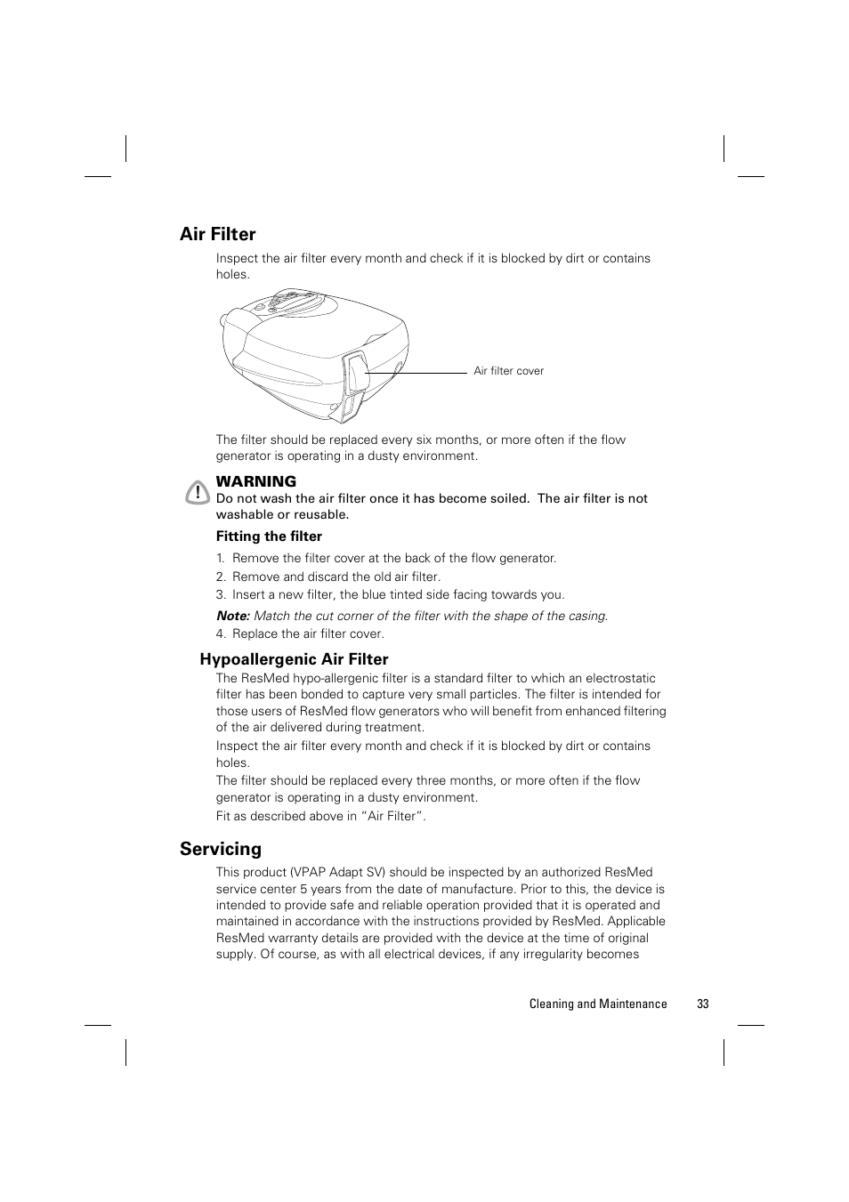 Air filter, Servicing | ResMed VPAP Adapt SV System User Manual | Page 39 / 56