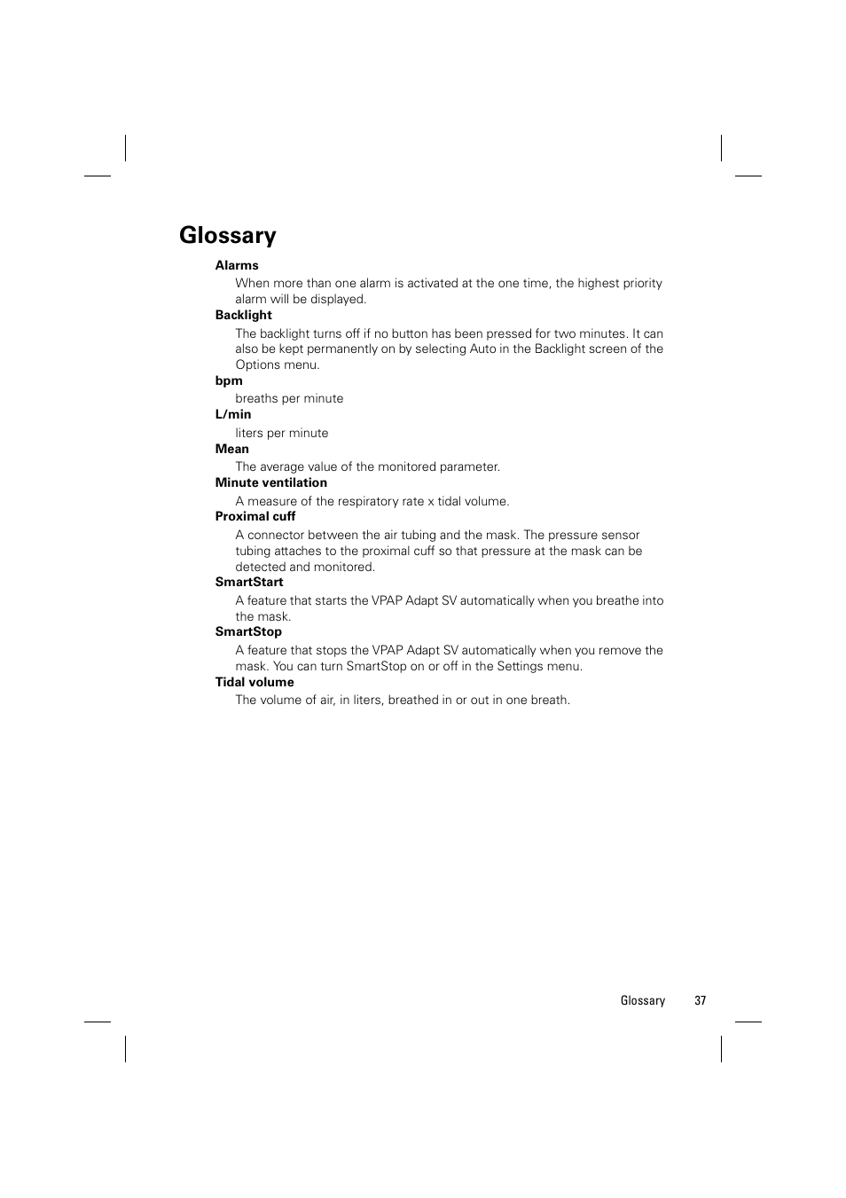 Glossary | ResMed VPAP Adapt SV System User Manual | Page 43 / 56