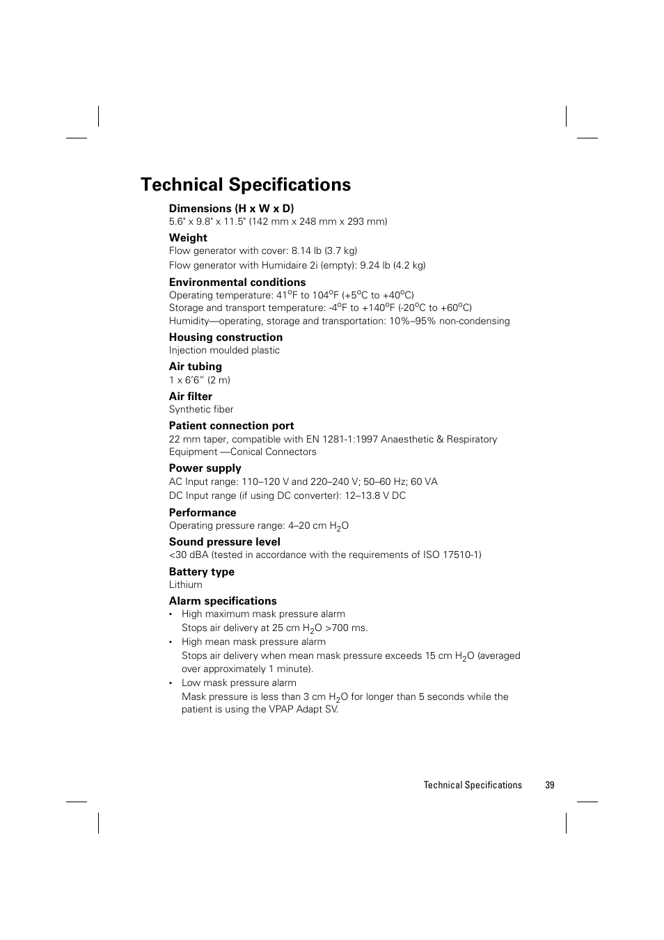 Technical specifications | ResMed VPAP Adapt SV System User Manual | Page 45 / 56