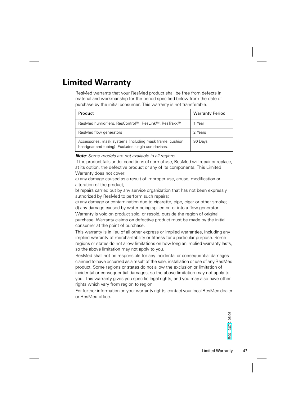 Limited warranty | ResMed VPAP Adapt SV System User Manual | Page 53 / 56