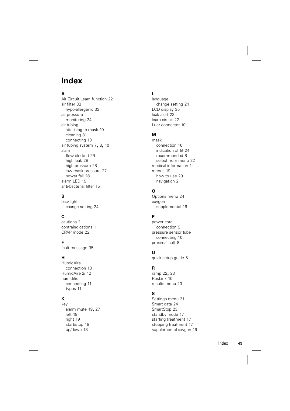 Index | ResMed VPAP Adapt SV System User Manual | Page 55 / 56