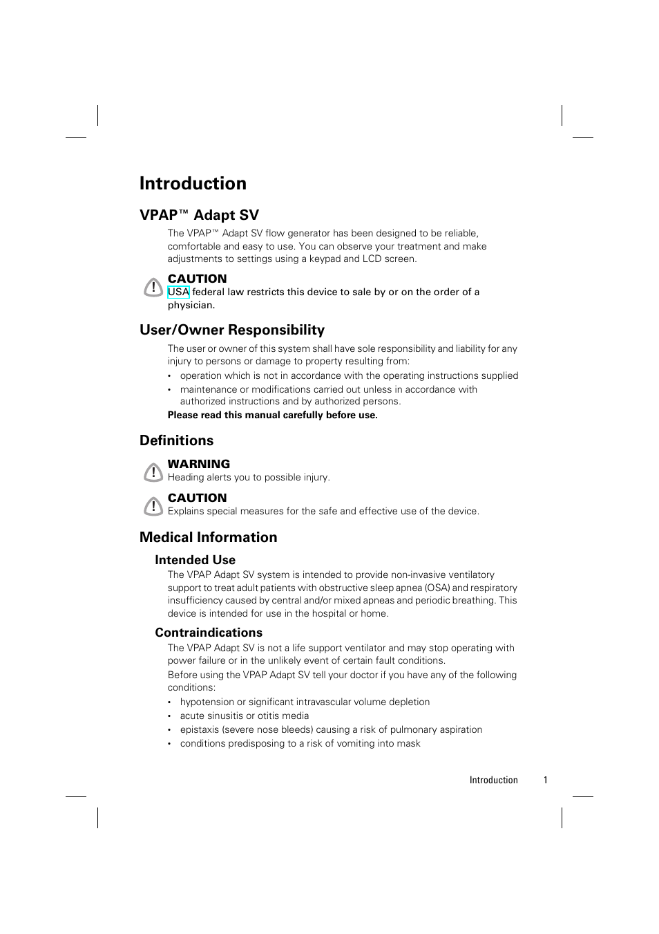 Introduction, Vpap ™ adapt sv, User/owner responsibility | Definitions, Medical information | ResMed VPAP Adapt SV System User Manual | Page 7 / 56