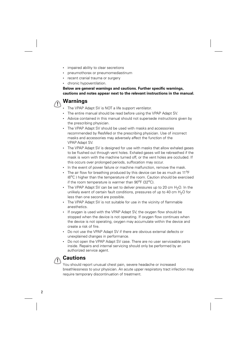 Warnings, Cautions | ResMed VPAP Adapt SV System User Manual | Page 8 / 56