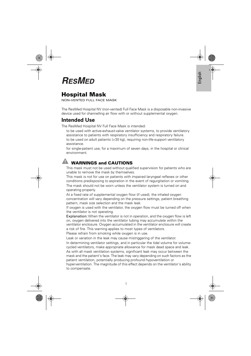 ResMed Non-Vented Full Face Mask Hospital Mask User Manual | 12 pages