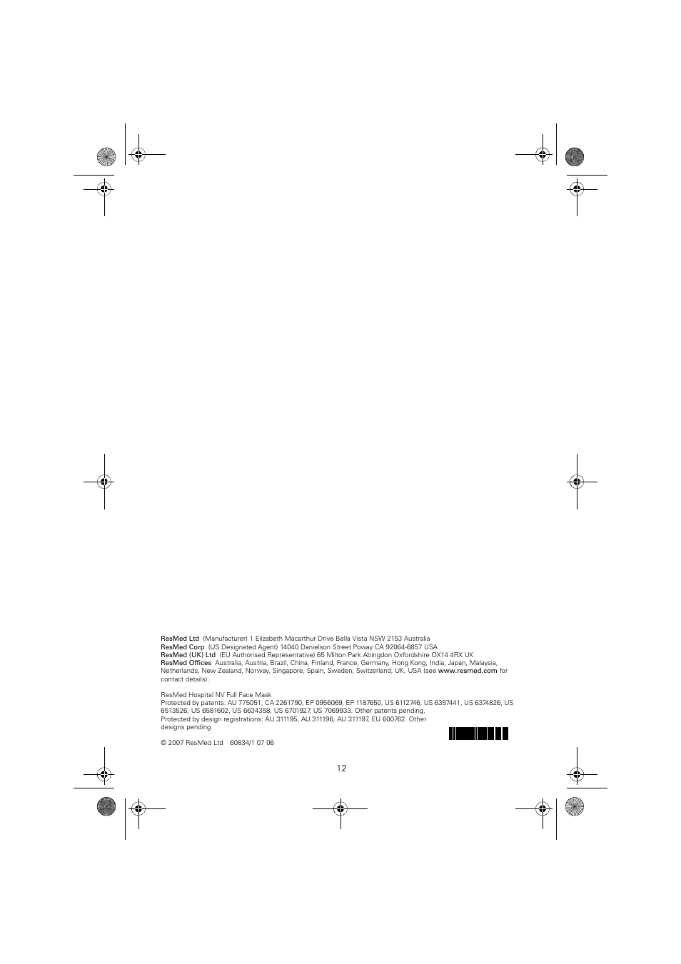 ResMed Non-Vented Full Face Mask Hospital Mask User Manual | Page 12 / 12