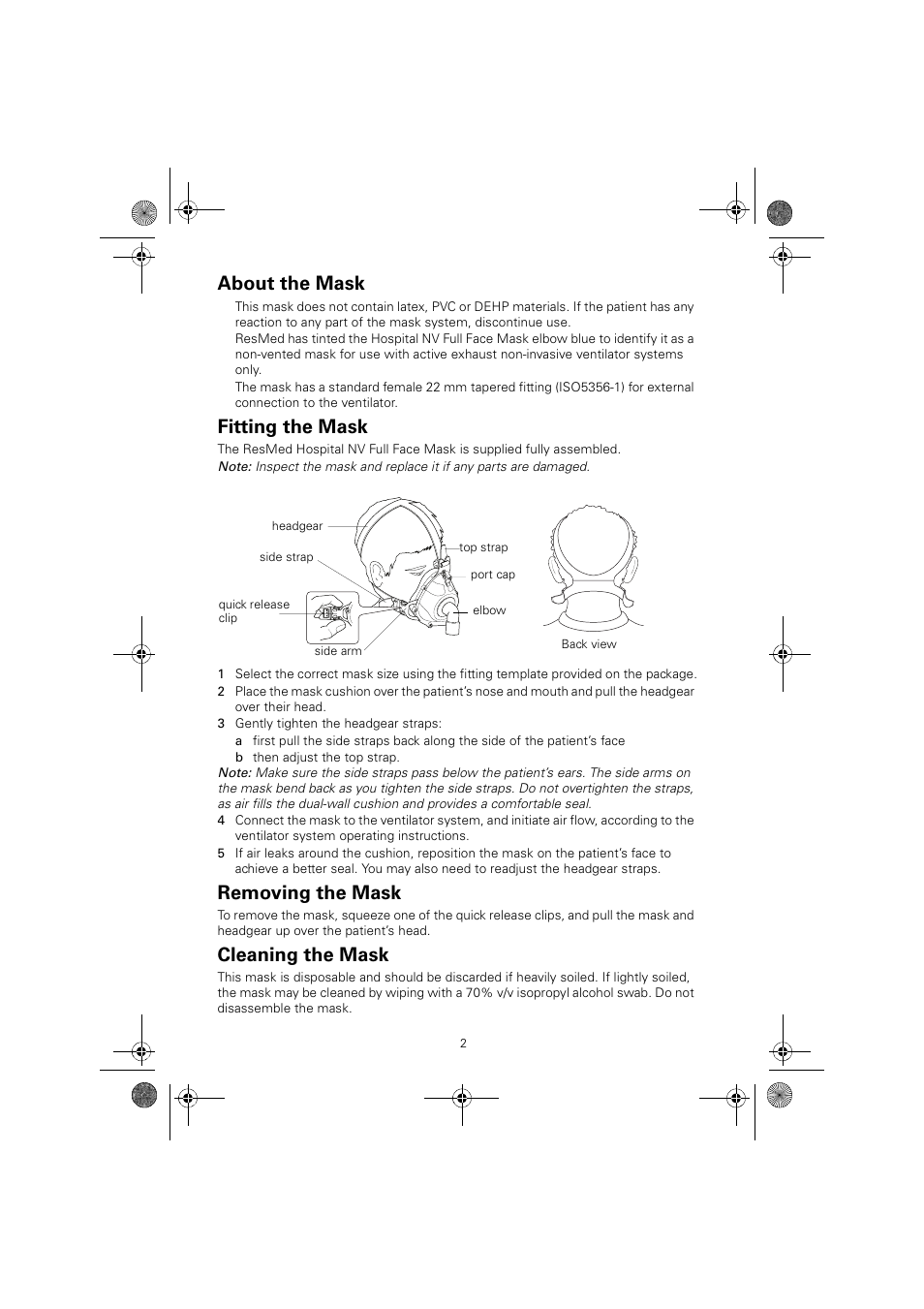 About the mask, Fitting the mask, Removing the mask | Cleaning the mask | ResMed Non-Vented Full Face Mask Hospital Mask User Manual | Page 2 / 12