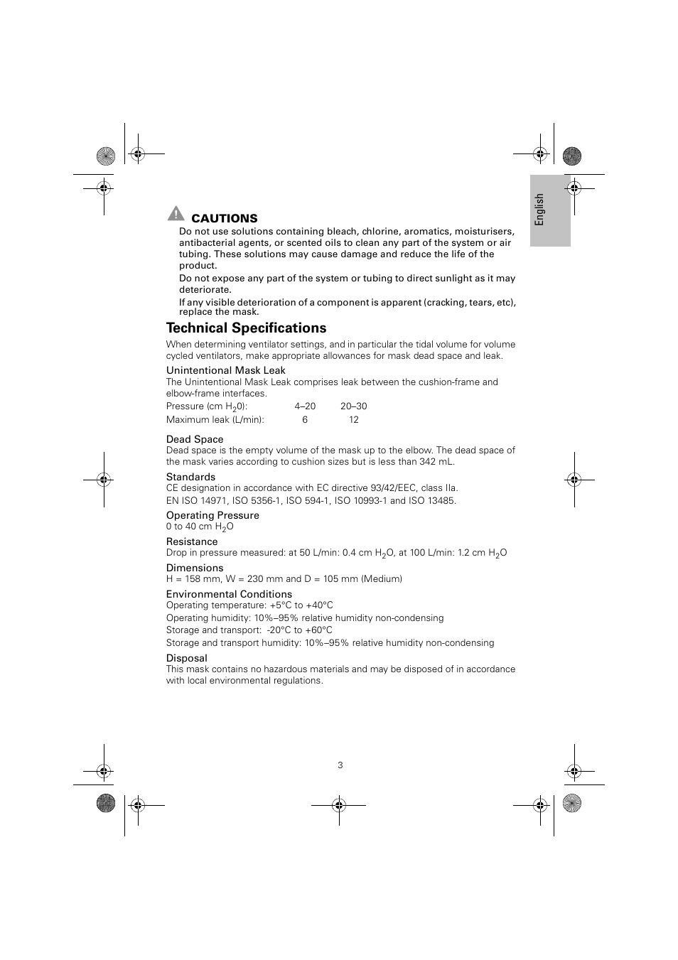 Technical specifications | ResMed Non-Vented Full Face Mask Hospital Mask User Manual | Page 3 / 12