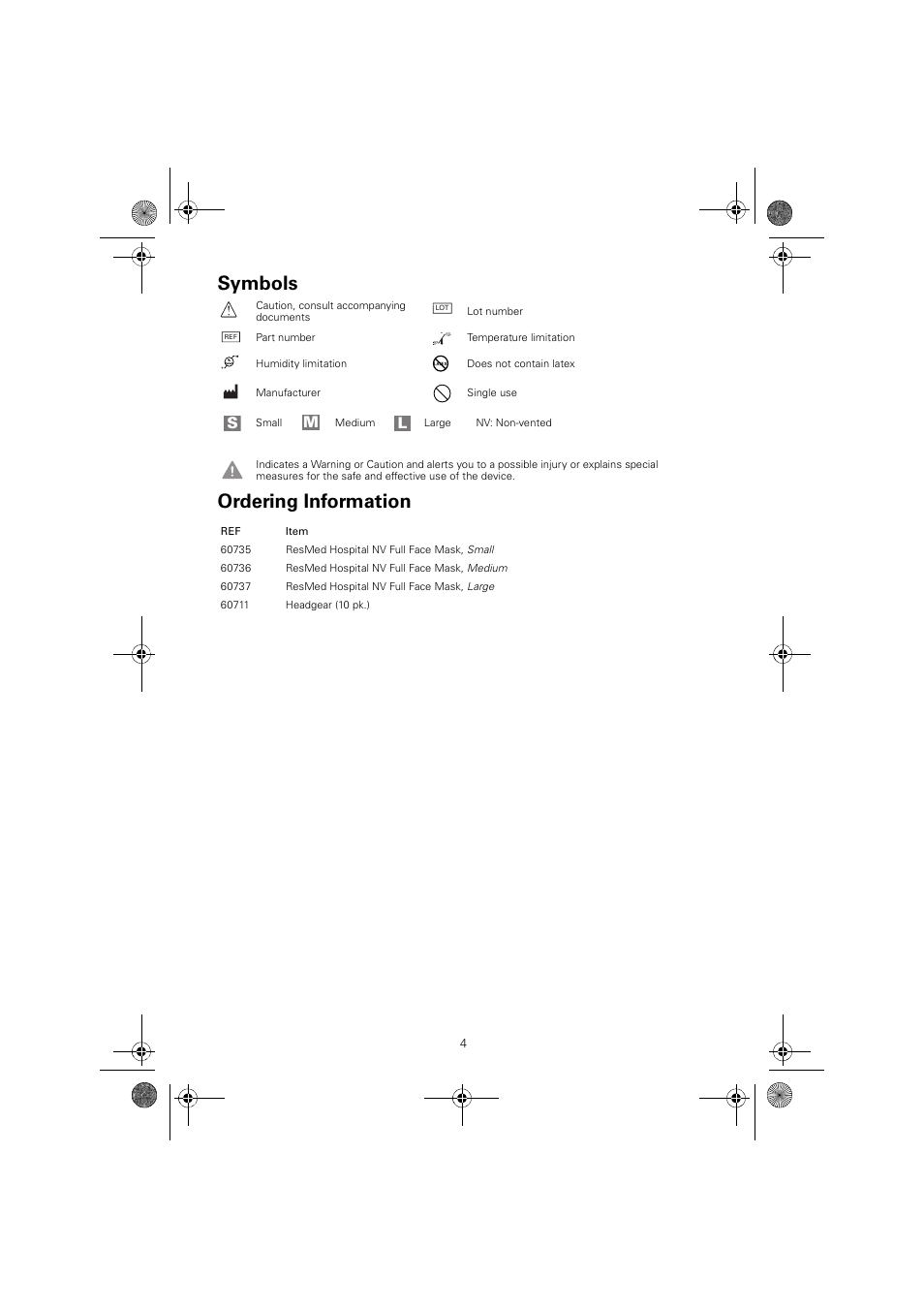 Symbols ordering information, Sm l | ResMed Non-Vented Full Face Mask Hospital Mask User Manual | Page 4 / 12