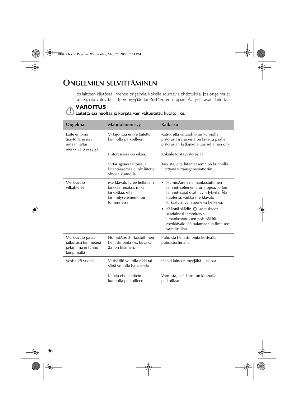 Ngelmien, Selvittäminen | ResMed Humidifier User Manual | Page 101 / 109