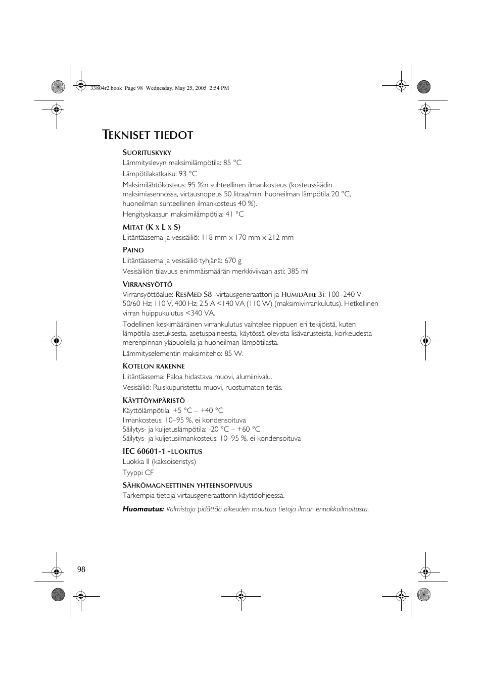 Ekniset, Tiedot | ResMed Humidifier User Manual | Page 103 / 109