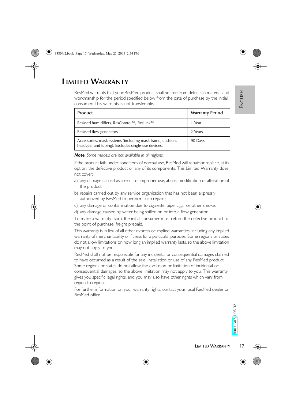 Imited, Arranty | ResMed Humidifier User Manual | Page 22 / 109