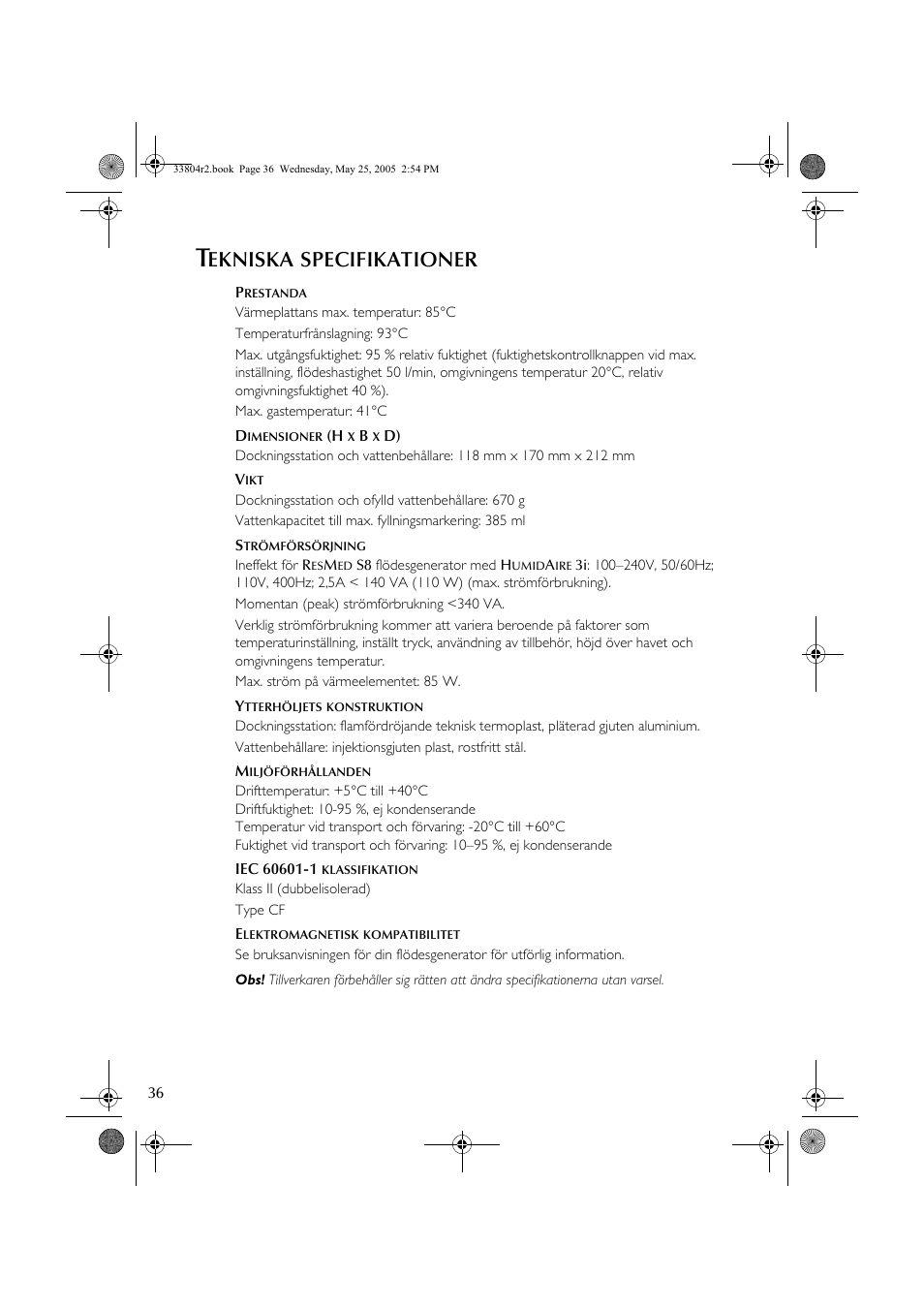 Ekniska, Specifikationer | ResMed Humidifier User Manual | Page 41 / 109
