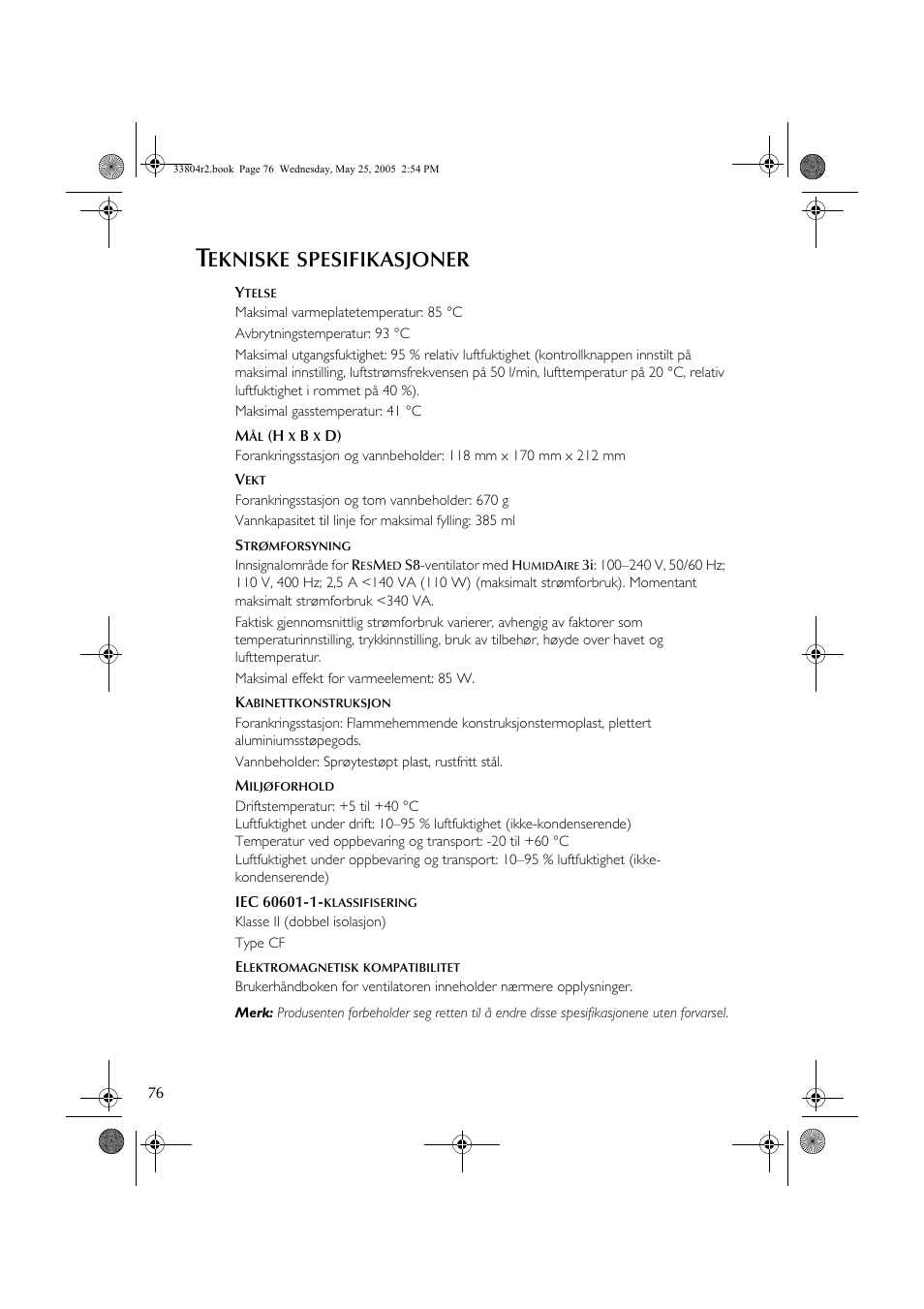 Ekniske, Spesifikasjoner | ResMed Humidifier User Manual | Page 81 / 109