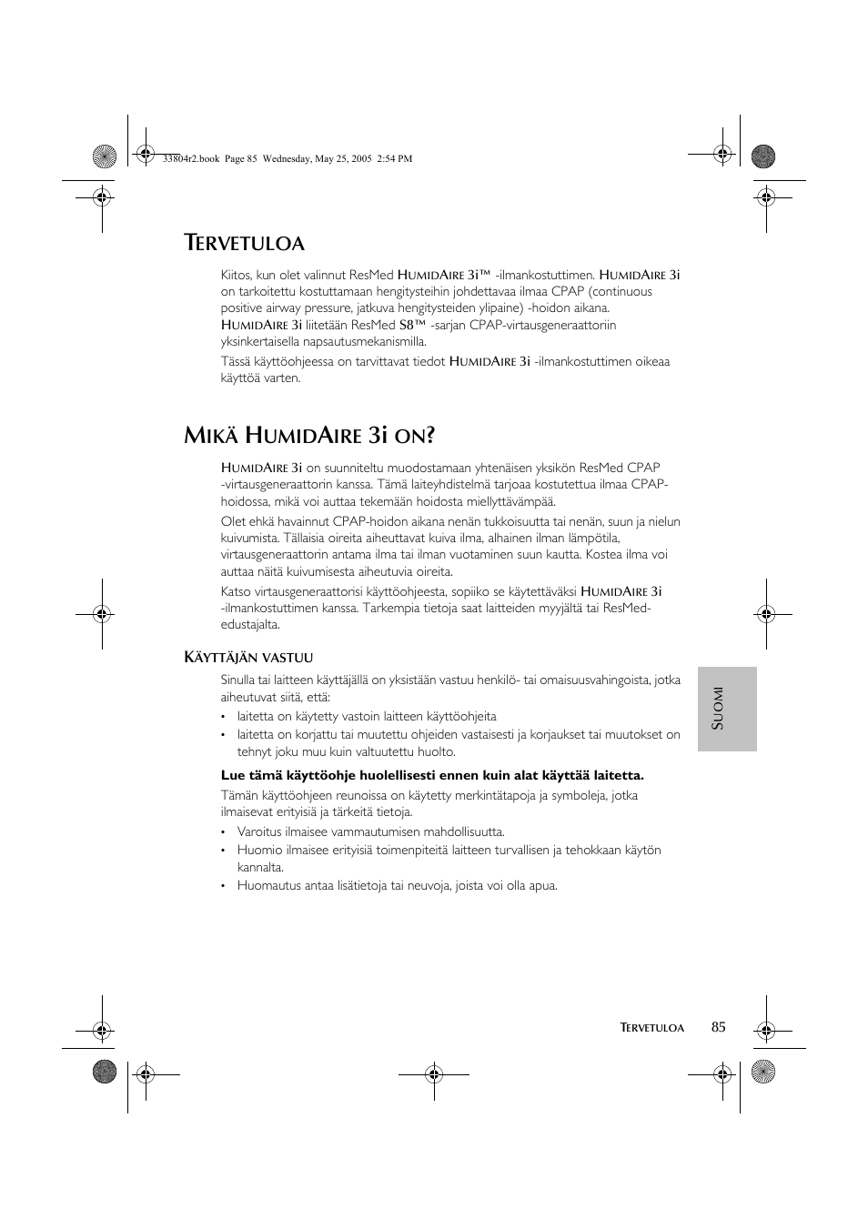 Ervetuloa, Umid | ResMed Humidifier User Manual | Page 90 / 109