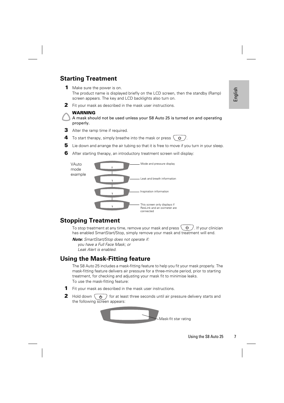 Starting treatment, Stopping treatment, Using the mask-fitting feature | ResMed Positive AirwAy Pressure Device S8 Auto 25 User Manual | Page 10 / 23