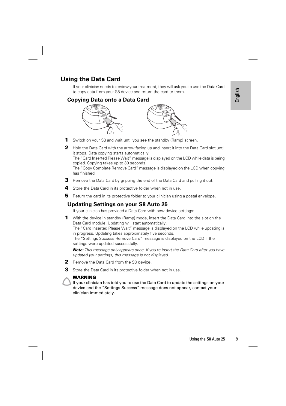 Using the data card, Copying data onto a data card, Updating settings on your s8 auto 25 | ResMed Positive AirwAy Pressure Device S8 Auto 25 User Manual | Page 12 / 23