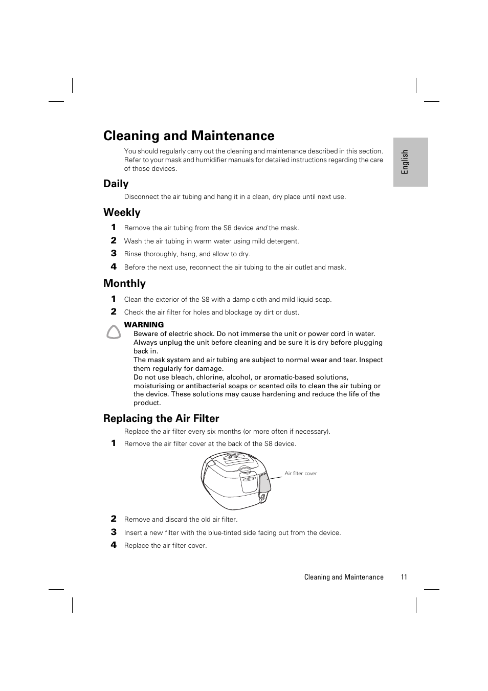 Cleaning and maintenance, Daily, Weekly | Monthly, Replacing the air filter | ResMed Positive AirwAy Pressure Device S8 Auto 25 User Manual | Page 14 / 23