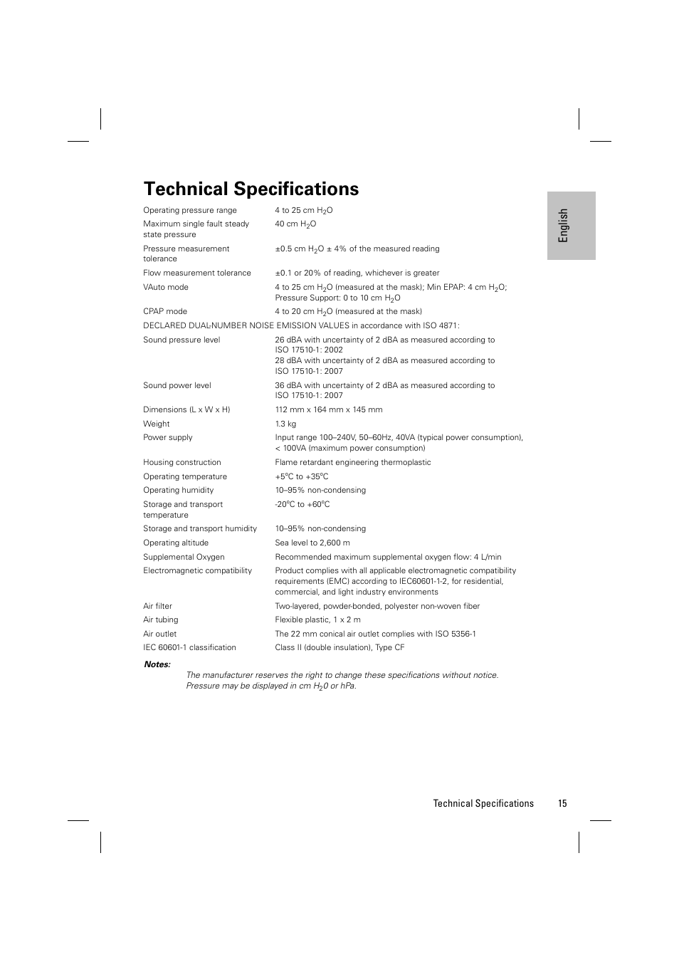 Technical specifications, En gli sh | ResMed Positive AirwAy Pressure Device S8 Auto 25 User Manual | Page 18 / 23