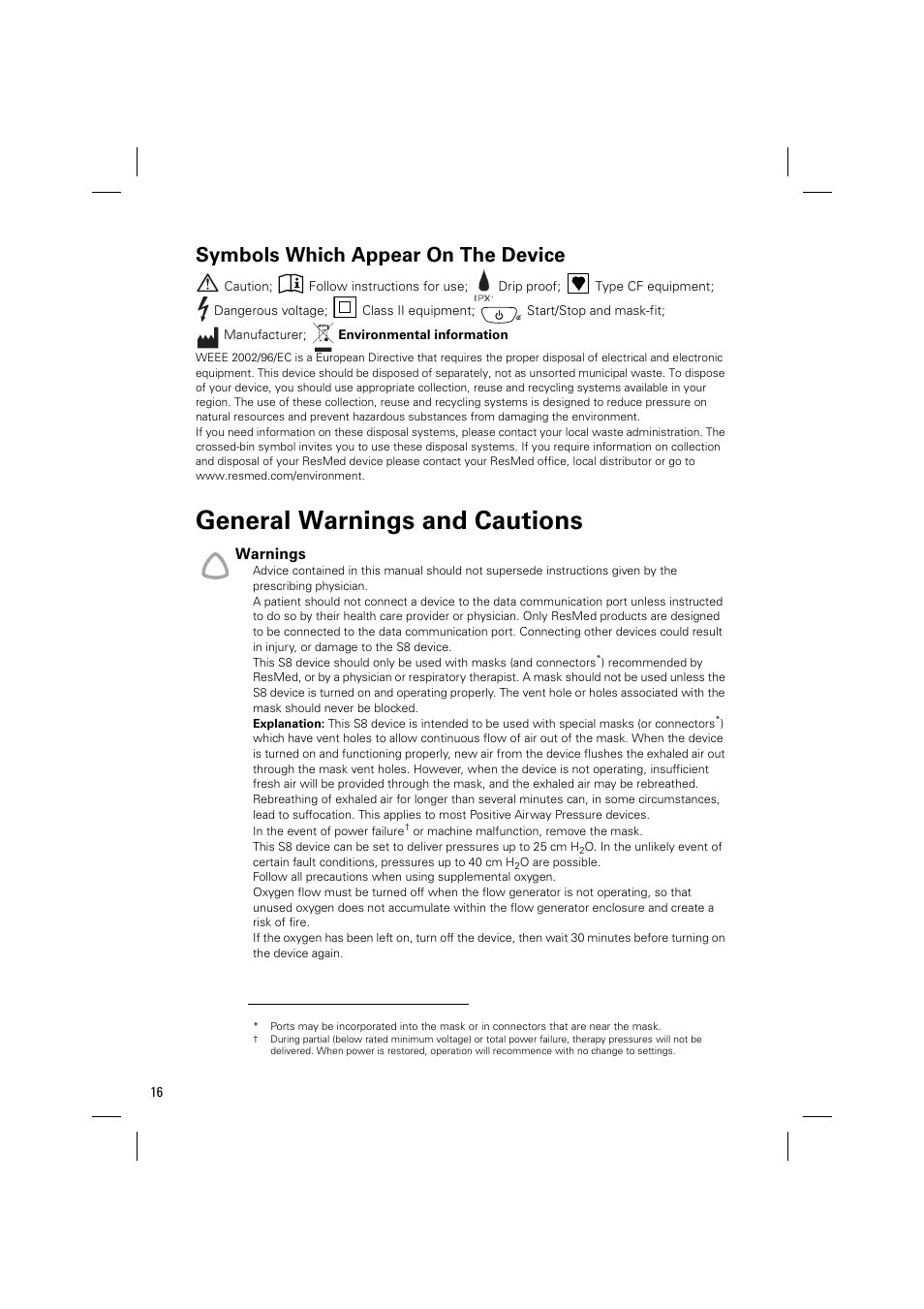 Symbols which appear on the device, General warnings and cautions, Warnings | ResMed Positive AirwAy Pressure Device S8 Auto 25 User Manual | Page 19 / 23