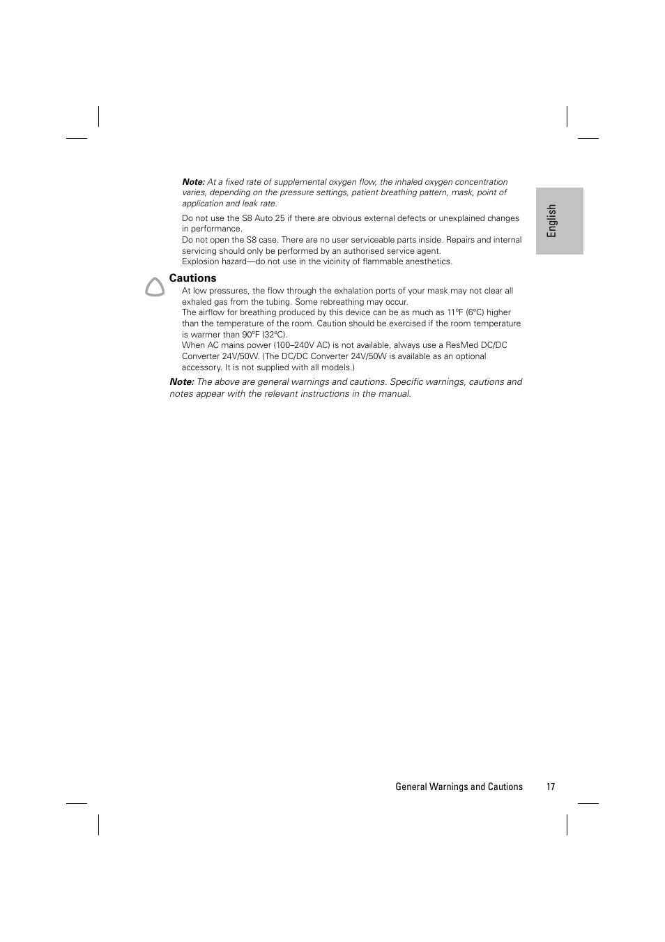 Cautions | ResMed Positive AirwAy Pressure Device S8 Auto 25 User Manual | Page 20 / 23