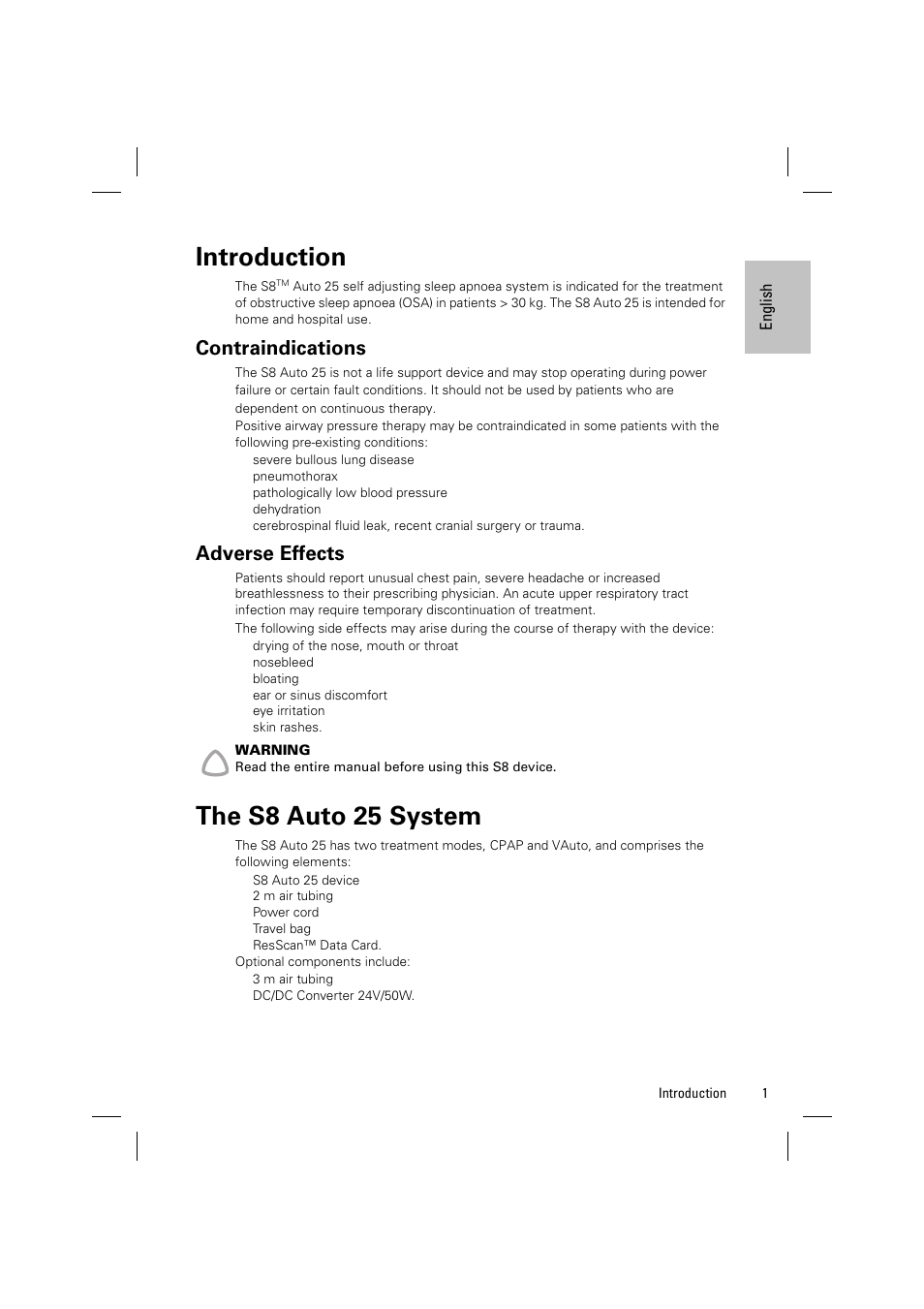 Introduction, Contraindications, Adverse effects | The s8 auto 25 system | ResMed Positive AirwAy Pressure Device S8 Auto 25 User Manual | Page 4 / 23