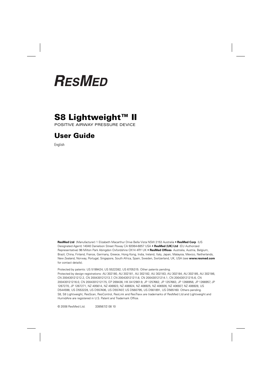 ResMed Positive Airway Pressure Device S8 User Manual | 20 pages