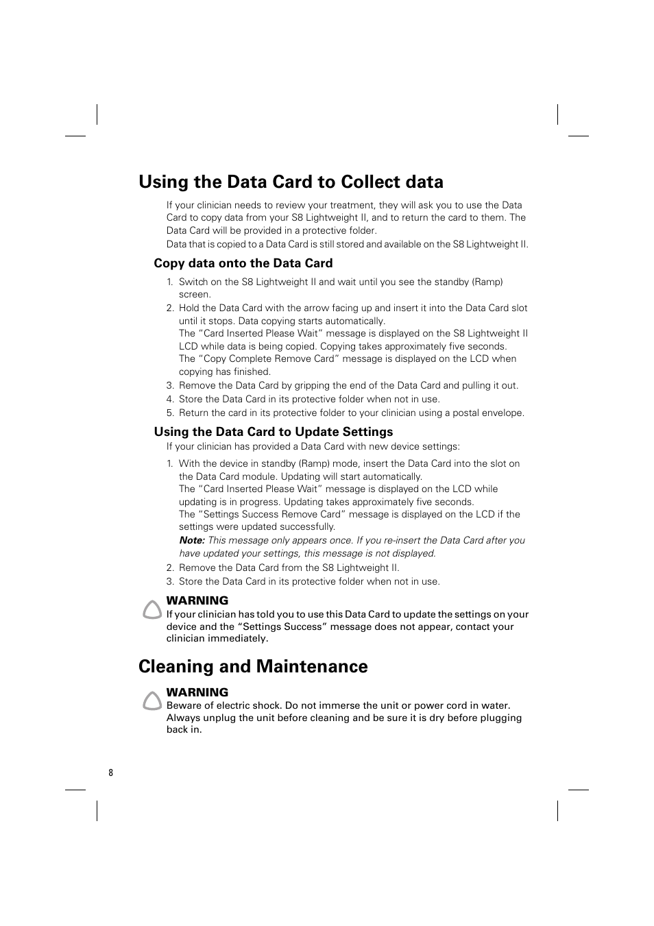 Using the data card to collect data, Copy data onto the data card, Using the data card to update settings | Cleaning and maintenance | ResMed Positive Airway Pressure Device S8 User Manual | Page 10 / 20