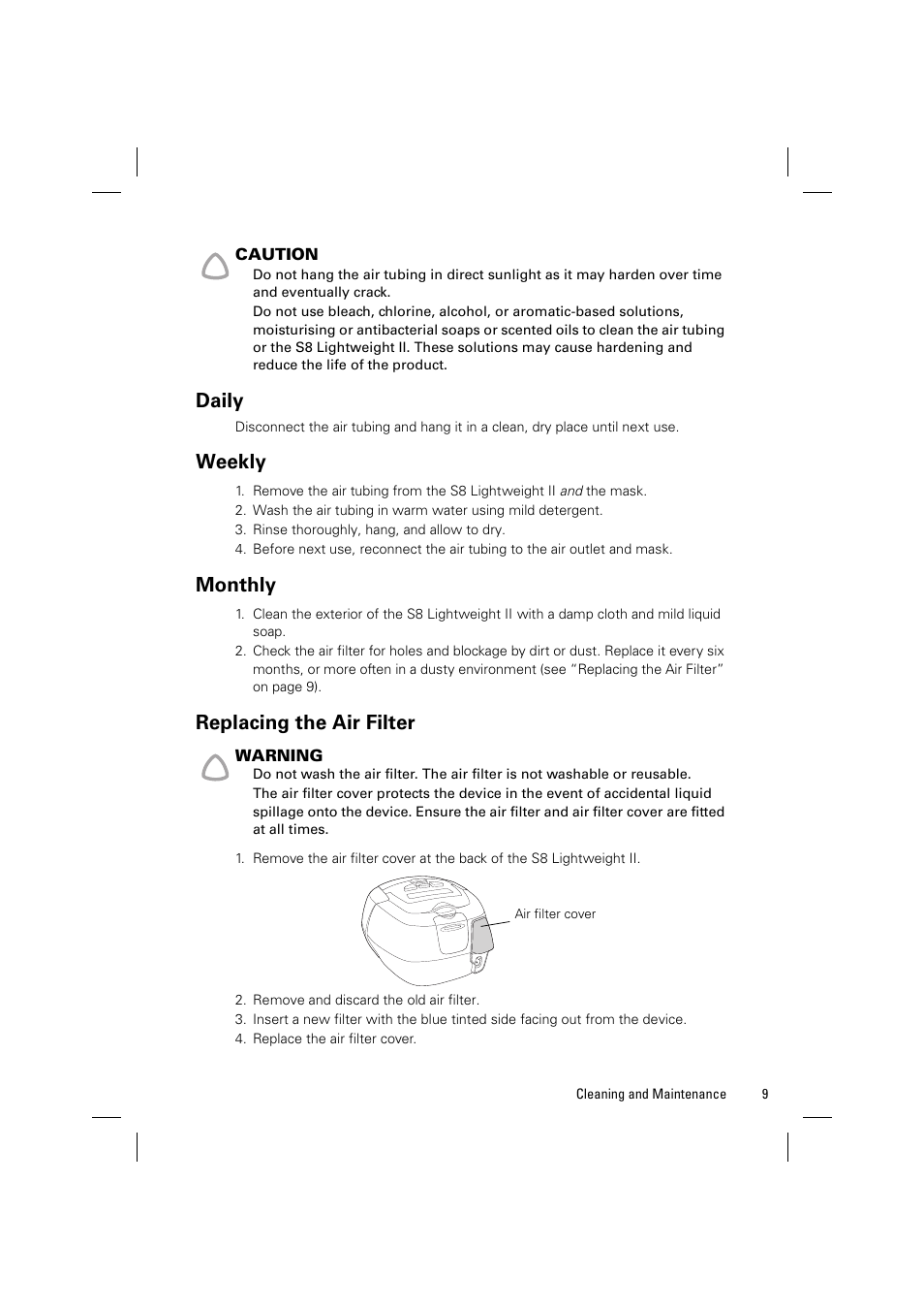 Daily, Weekly, Monthly | Replacing the air filter | ResMed Positive Airway Pressure Device S8 User Manual | Page 11 / 20