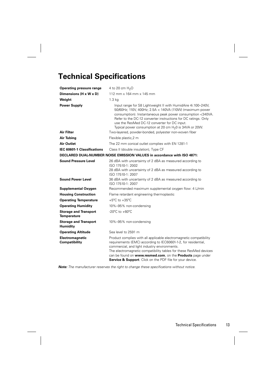 Technical specifications | ResMed Positive Airway Pressure Device S8 User Manual | Page 15 / 20