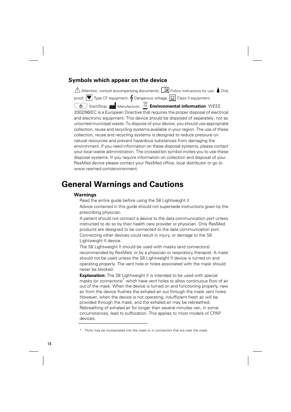 Symbols which appear on the device, General warnings and cautions, Warnings | ResMed Positive Airway Pressure Device S8 User Manual | Page 16 / 20