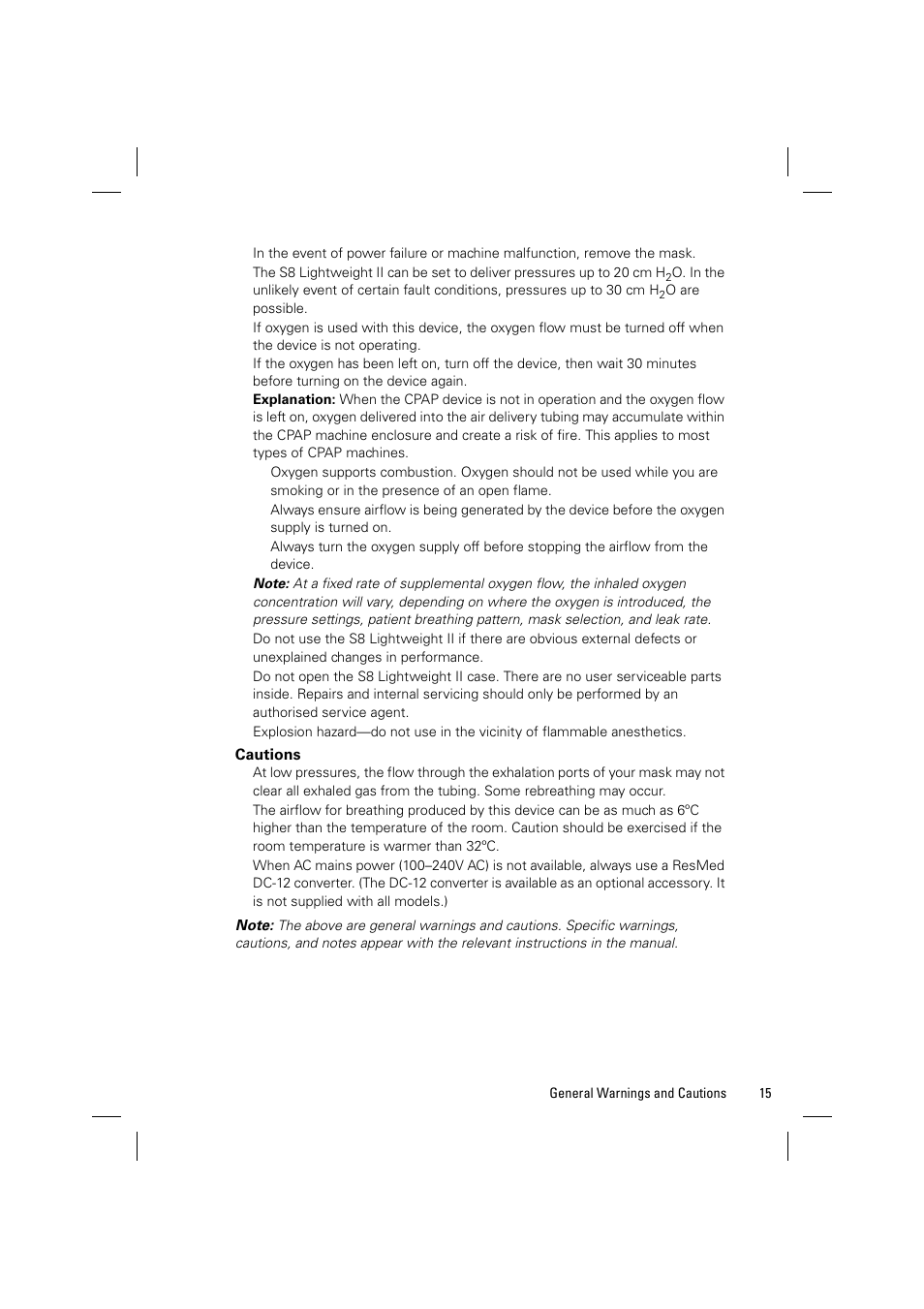 Cautions | ResMed Positive Airway Pressure Device S8 User Manual | Page 17 / 20